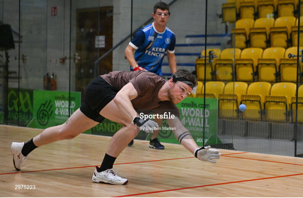 30 October 2024; Niall O'Connor of Leixlip, Kildare, in action in the Open Men's doubles round of 16 during day five of the O'Neills.com World 4-Wall Championships at Croke Park in Dublin. Photo by Stephen Marken/Sportsfile