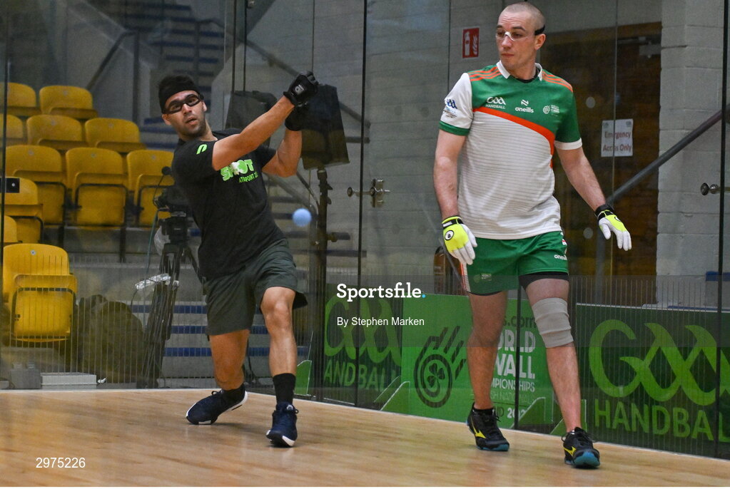 30 October 2024; Eric Torres of USA in action against Robbie McCarthy of Team Ireland in the Open Men's doubles round of 16 during day five of the O'Neills.com World 4-Wall Championships at Croke Park in Dublin. Photo by Stephen Marken/Sportsfile