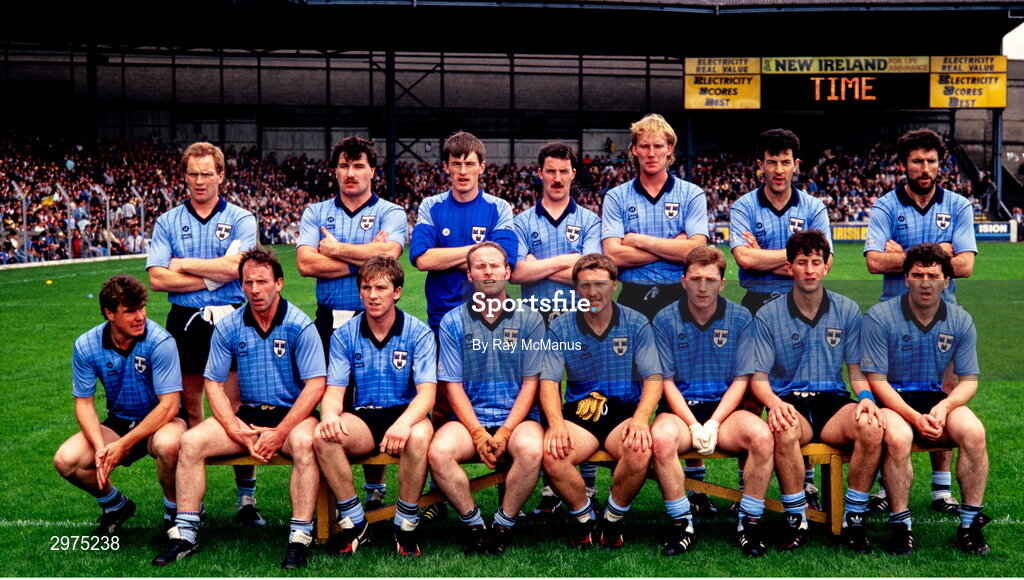 20 August 1989; The Dublin team, back from left, Barney Rock, Joe McNally, John O'Leary, David Synnott, Declan Bolger, Gerry Hargan and Kieran Duff, with, front, from left, Charlie Redmond, Mick Kennedy, David Delappe, Noel McCaffrey, David Carroll, Eamonn Heary, Mick Galvin and Anto McCaul before the All-Ireland Senior Football Championship Semi-Final match between Cork and Dublin at Croke Park in Dublin. Photo by Ray McManus/Sportsfile