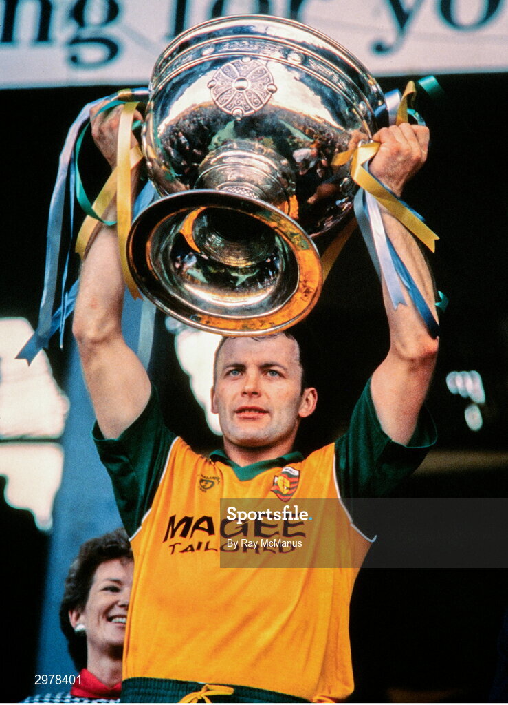 20 September 1992; Donegal captain Anthony Molloy lifts the Sam Maguire Cup after his side's victory in the All Ireland Senior Football Championship Final match between Dublin and Donegal at Croke Park, Dublin. Photo by Ray McManus/Sportsfile