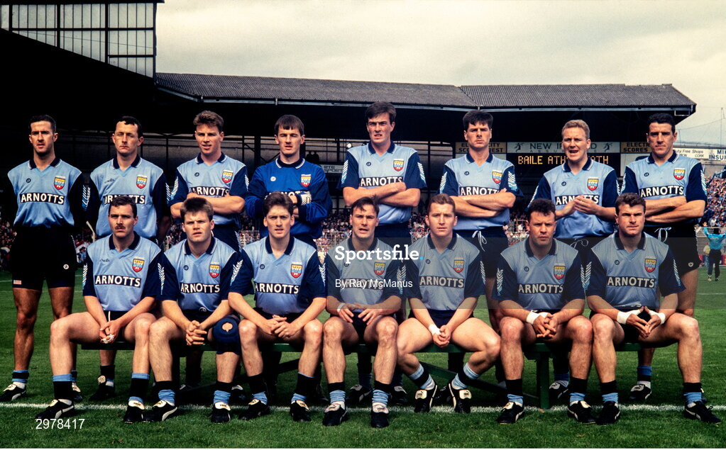 22 August 1993; The Dublin team, back row, from left, Paul Clarke, Dermot Deasy, Paul Bealin, John O'Leary, Pat Gilroy, Paddy Moran, Keith Barr and Jack Sheedy, with, front, from left, Ciaran Walsh, Dessie Farrell, Paul O'Neill, Paul Curran, Eamonn Heery, Vinny Murphy and Charlie Redmond, before the All-Ireland Senior Football Championship semi-final match between Derry and Dublin at Croke Park in Dublin. Photo by Ray McManus/Sportsfile