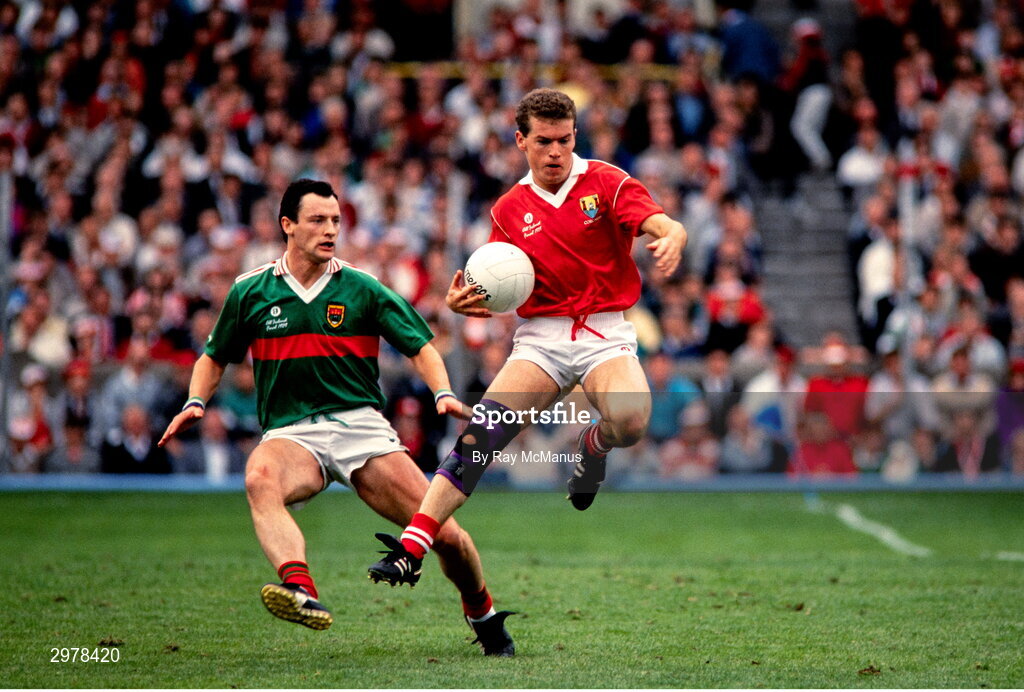 17 September 1989; Paul McGrath of Cork in action against Dermot Flanagan of Mayo during the All-Ireland Senior Football Championship Final between Cork and Mayo at Croke Park in Dublin. Photo Ray McManus/Sportsfile