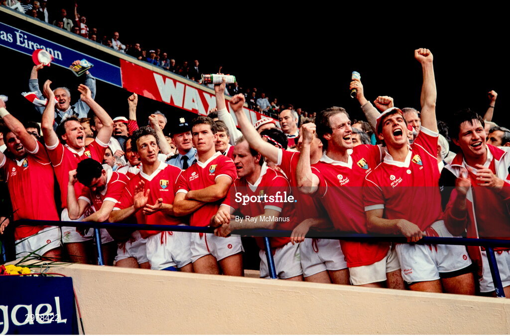 17 September 1989; Cork players including Teddy McCArthy, Conor Counihan, Paul McGrath, Dave Barry, Larry Tompkins, John O'Driscoll and Shay Fahy celebrate after the All-Ireland Senior Football Championship Final between Cork and Mayo at Croke Park in Dublin. Photo Ray McManus/Sportsfile