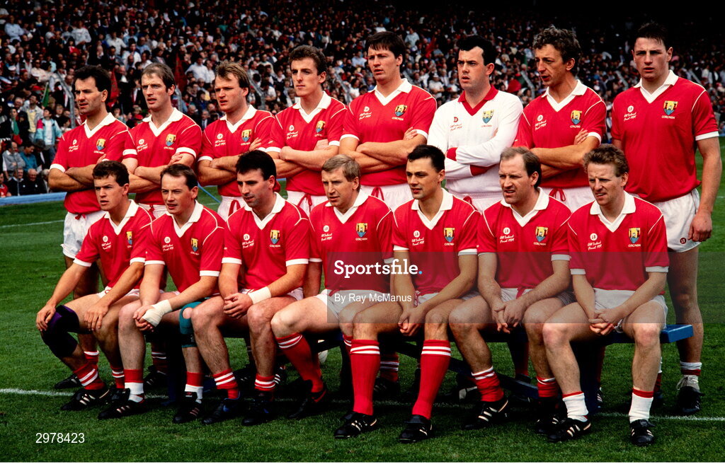 17 August 1989; Cork team, back, from left, Michael Slocum, Larry Tompkins, Teddy McCarthy, Barry Coffey, Shay Fahy, John Kerins, Conor Counihan, Stephen O'Brien, with, front, from left, Paul McGrath, Niall Cahalane, Jimmy Kerrigan, Dinny Allen, Tony Davis, Dave Barry and John Cleary before the All-Ireland Senior Football Championship Final between Cork and Mayo at Croke Park in Dublin. Photo Ray McManus/Sportsfile