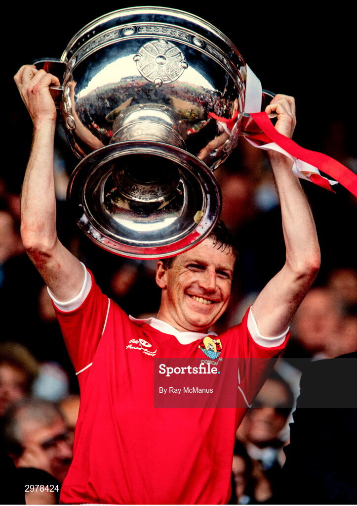 17 September 1989; Cork captain Dinny Allen lifts the Sam Maguire cup after the All-Ireland Senior Football Championship Final between Cork and Mayo at Croke Park in Dublin. Photo Ray McManus/Sportsfile