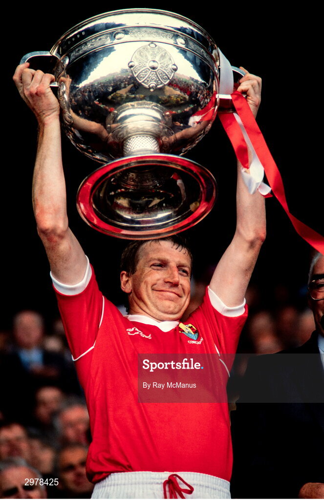 17 September 1989; Cork captain Dinny Allen lifts the Sam Maguire cup after the All-Ireland Senior Football Championship Final between Cork and Mayo at Croke Park in Dublin. Photo Ray McManus/Sportsfile