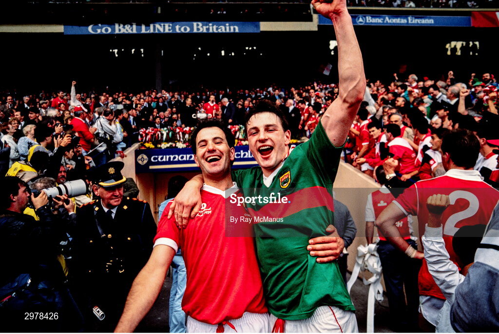 17 September 1989; Cork players Shay Fahy, left, and Stephen O'Brien celebrate after the All-Ireland Senior Football Championship Final between Cork and Mayo at Croke Park in Dublin. Photo Ray McManus/Sportsfile