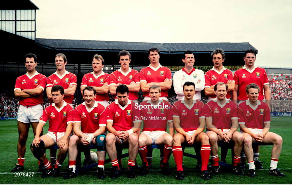 17 August 1989; Cork team, back, from left, Michael Slocum, Larry Tompkins, Teddy McCarthy, Barry Coffey, Shay Fahy, John Kerins, Conor Counihan, Stephen O'Brien, with, front, from left, Paul McGrath, Niall Cahalane, Jimmy Kerrigan, Dinny Allen, Tony Davis, Dave Barry and John Cleary before the All-Ireland Senior Football Championship Final between Cork and Mayo at Croke Park in Dublin. Photo Ray McManus/Sportsfile