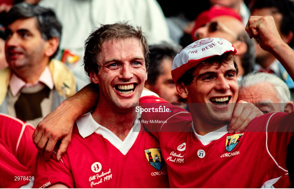 17 September 1989; Cork players, from left, Larry Tompkins, left, and John O'Driscoll celebrate after their side's victory in the All-Ireland Senior Football Championship Final between Cork and Mayo at Croke Park in Dublin. Photo Ray McManus/Sportsfile
