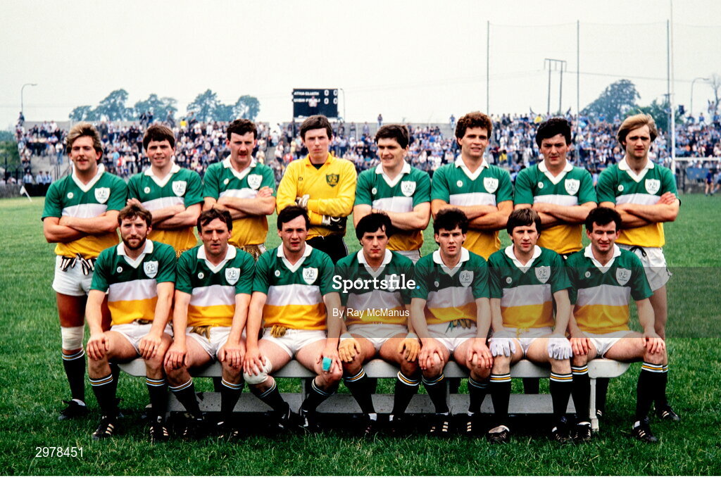 29 June 1986; The Offaly team, back, from left, Declan O'Loughin, Aidan Scally, Kieran Dunne, Donal O'Neill, Richie Connor, Padraig Dunne, Paul Molloy and Tomas O'Connor, with, front, from left, Michael Lowry, Brendan Lowry, John Guinan, Peter Brady, Denis Kelly, Michael Fitzgerald and Johnny Mooney before the Leinster Senior Football Championship Semi-final match between Dublin and Offaly in O'Moore Park in Portlaoise, Laois. Photo by Ray McManus/Sportsfile