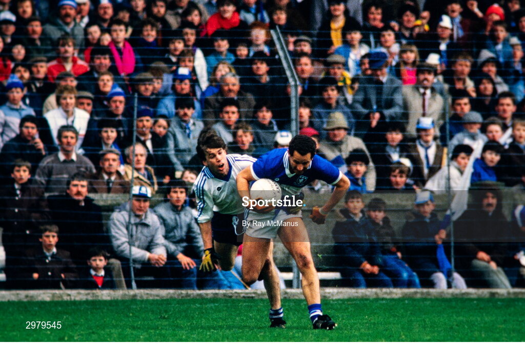 4 May 1986; Tom Prendergast of Laois in action against Ciaran Murray of Monaghan during the Ford National Football League Division 1 Final match between Laois and Monaghan at Croke Park, Dublin. Photo by Ray McManus/Sportsfile