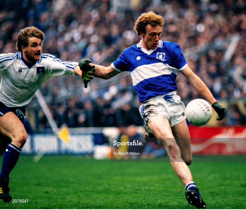 4 May 1986; Liam Irwin of Laois in action against Gerry Hoey of Monaghan during the Ford National Football League Division 1 Final match between Laois and Monaghan at Croke Park, Dublin. Photo by Ray McManus/Sportsfile