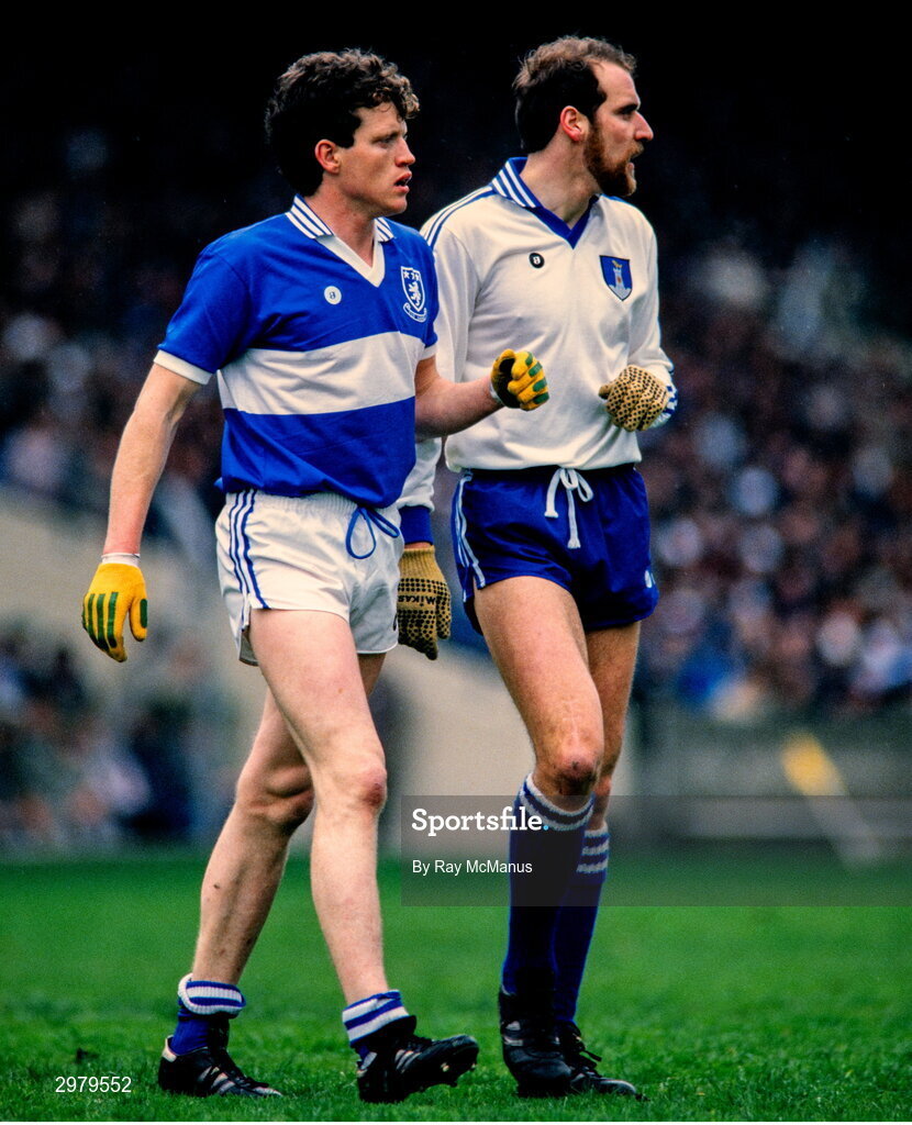 4 May 1986; Martin Dempsey of Laois and Eamon Murphy of Monaghan during the Ford National Football League Division 1 Final match between Laois and Monaghan at Croke Park, Dublin. Photo by Ray McManus/Sportsfile