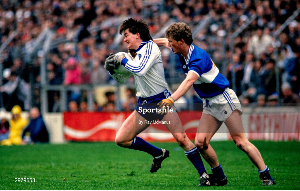 4 May 1986; Ray McCarron of Monaghan in action against Eddie Kelly of Laois during the Ford National Football League Division 1 Final match between Laois and Monaghan at Croke Park, Dublin. Photo by Ray McManus/Sportsfile