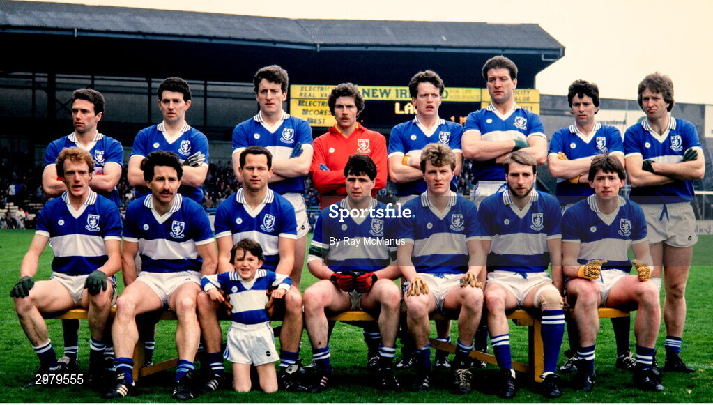 4 May 1986; The Laois team, back row from left, Colm Browne, Pat Brophy, Michael Dempsey, Martin Conroy, Martin Dempsey, John Costelloe, Michael Ahern and Eamon Whelan, with, front row, from left, Liam Irwin, Willie Brennan, Tom Prendergast, Pat Dunne, Eddie Kelly, Gerry Browne and Christy McGuire with mascot Glen Brophy before the Ford National Football League Division 1 Final match between Laois and Monaghan at Croke Park, Dublin. Photo by Ray McManus/Sportsfile