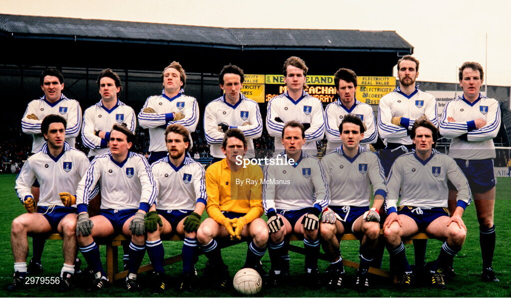 4 May 1986; Monaghan team, back, from left, Gerry McCarville, Ciaran Murray, Fergus Caulfield, Eugene Sherry, Kevin Carragher, Michael O'Dowd, Eamon Murphy and Hugo Clerkin, with, front, from left, Declan Loughman, Ray McCarron, Gerry Hoey, Paddy Linden, Eugene Hughes, Brendan Murray and Michael Caulfield before the Ford National Football League Division 1 Final match between Laois and Monaghan at Croke Park, Dublin. Photo by Ray McManus/Sportsfile