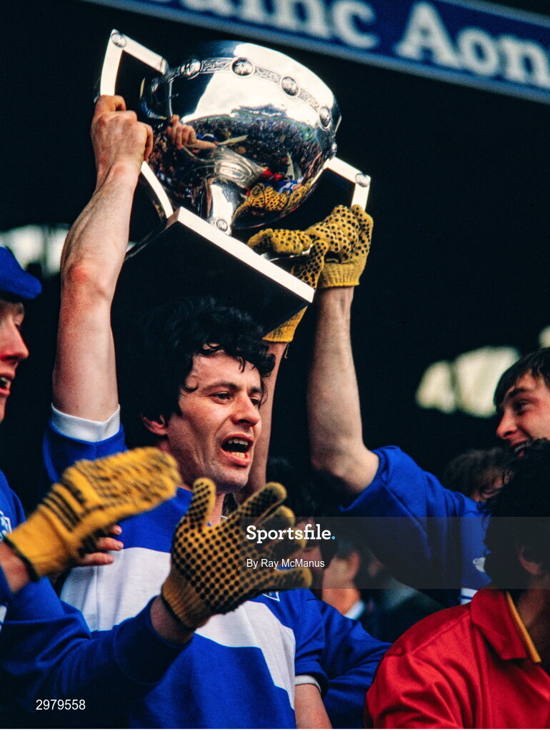 4 May 1986; Michael Aherne lifts the cup after their side's victory at the Ford National Football League Division 1 Final match between Laois and Monaghan at Croke Park, Dublin. Photo by Ray McManus/Sportsfile