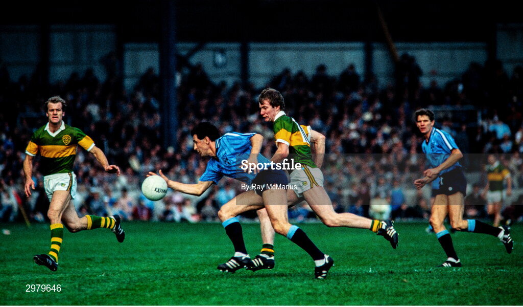 23 September 1984; PJ Buckley of Dublin in action against Jack O'Shea, left, and John Kennedy of Kerry during the GAA All-Ireland Senior Football Championship final between Kerry and Dublin at Croke Park in Dublin. Photo by Ray McManus/Sportsfile