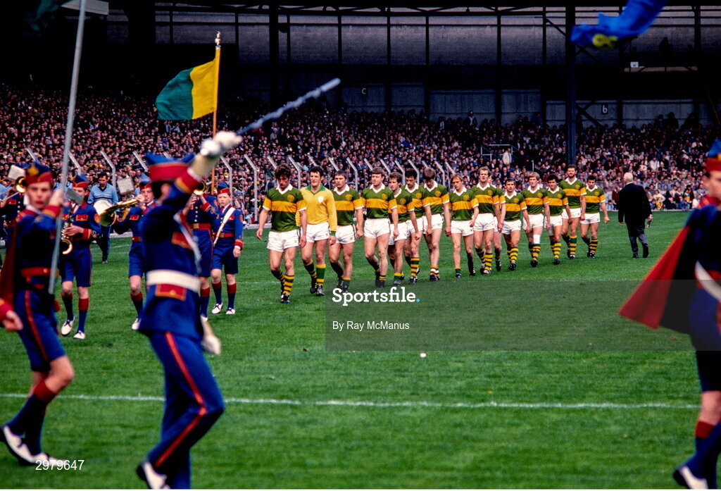 23 September 1984; The Kerry captain Ambrose O'Donovan leads his team during the pre-match parade before the GAA All-Ireland Senior Football Championship final between Kerry and Dublin at Croke Park in Dublin. Photo by Ray McManus/Sportsfile