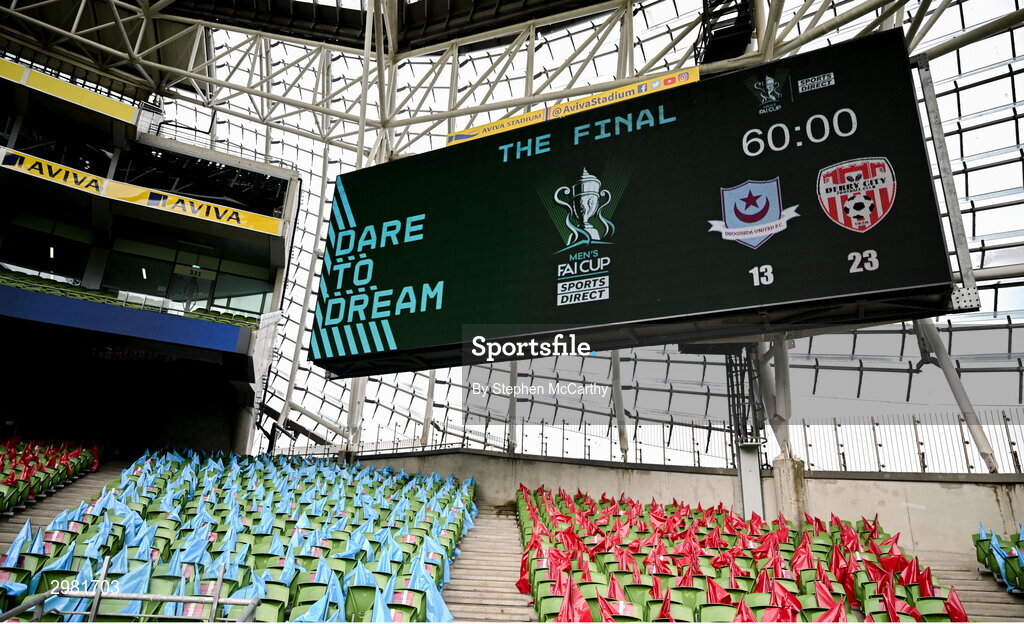10 November 2024; A general view of the scoreboard before the Sports Direct Men's FAI Cup Final match between Drogheda United and Derry City at the Aviva Stadium in Dublin. Photo by Stephen McCarthy/Sportsfile