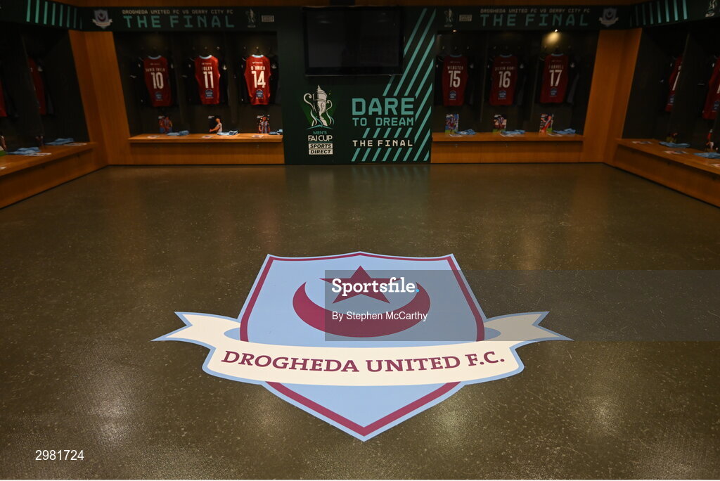 10 November 2024; A general view of insde the Drogheda United dressing room before the Sports Direct Men's FAI Cup Final match between Drogheda United and Derry City at the Aviva Stadium in Dublin. Photo by Stephen McCarthy/Sportsfile