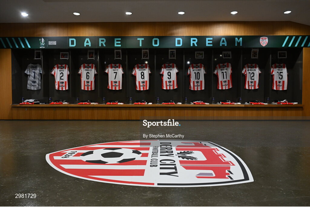 10 November 2024; A general view of inside the Derry City dressing room before the Sports Direct Men's FAI Cup Final match between Drogheda United and Derry City at the Aviva Stadium in Dublin. Photo by Stephen McCarthy/Sportsfile