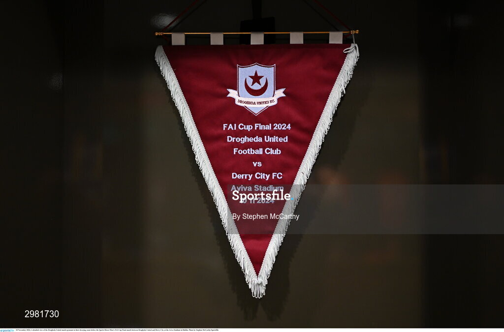 10 November 2024; A detailed view of the Drogheda United match pennant in their dressing room before the Sports Direct Men's FAI Cup Final match between Drogheda United and Derry City at the Aviva Stadium in Dublin. Photo by Stephen McCarthy/Sportsfile
