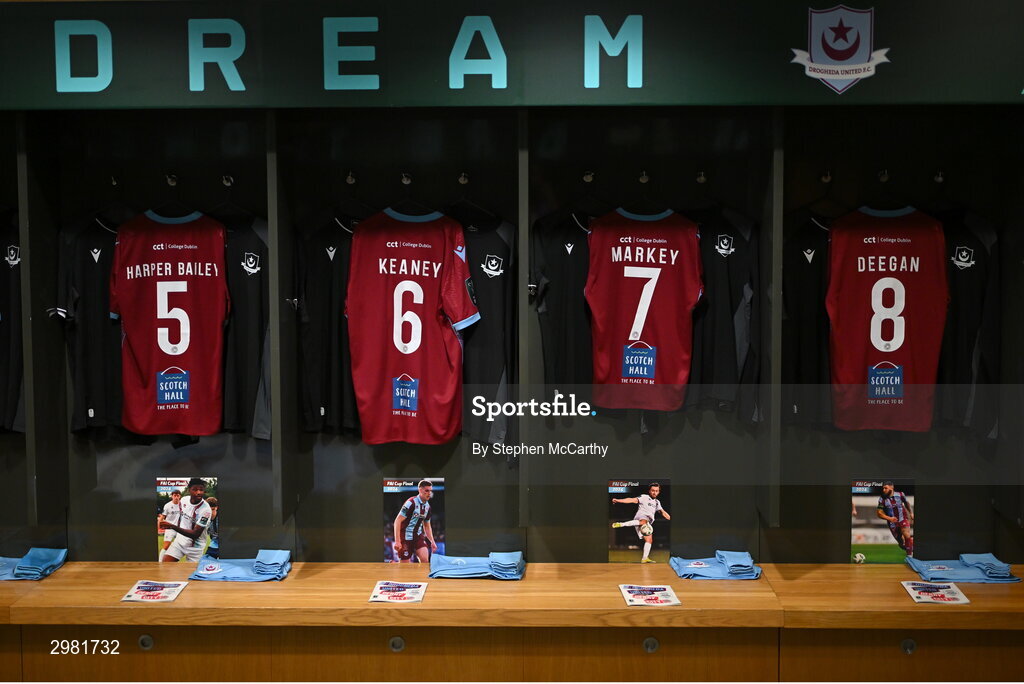 10 November 2024; A general view of insde the Drogheda United dressing room before the Sports Direct Men's FAI Cup Final match between Drogheda United and Derry City at the Aviva Stadium in Dublin. Photo by Stephen McCarthy/Sportsfile
