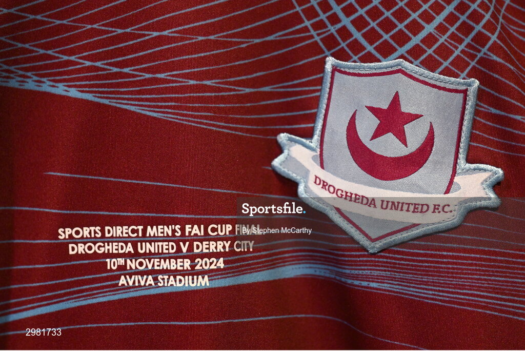 10 November 2024; A detailed view of the Drogheda United jersey match inscription in their dressing room before the Sports Direct Men's FAI Cup Final match between Drogheda United and Derry City at the Aviva Stadium in Dublin. Photo by Stephen McCarthy/Sportsfile