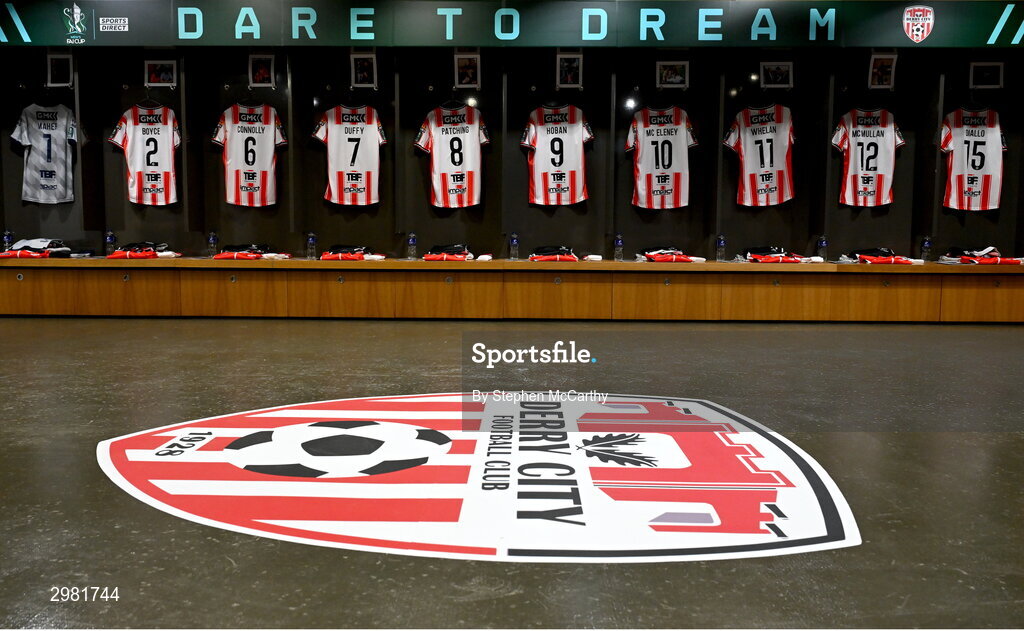 10 November 2024; A general view of inside the Derry City dressing room before the Sports Direct Men's FAI Cup Final match between Drogheda United and Derry City at the Aviva Stadium in Dublin. Photo by Stephen McCarthy/Sportsfile