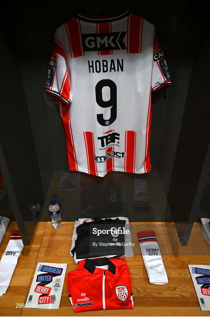 10 November 2024; The jersey of Patrick Hoban hangs in the Derry City dressing room before the Sports Direct Men's FAI Cup Final match between Drogheda United and Derry City at the Aviva Stadium in Dublin. Photo by Stephen McCarthy/Sportsfile