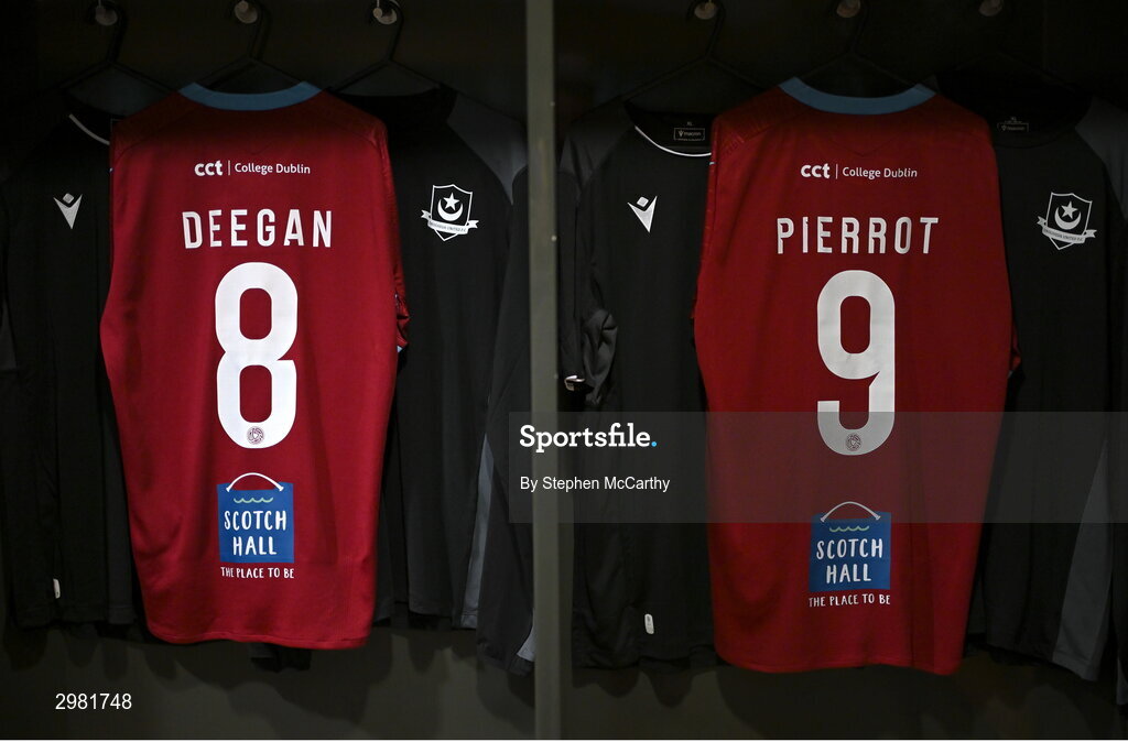 10 November 2024; The jersey's of Gary Deegan and Frantz Pierrot hang in the Drogheda United dressing room before the Sports Direct Men's FAI Cup Final match between Drogheda United and Derry City at the Aviva Stadium in Dublin. Photo by Stephen McCarthy/Sportsfile