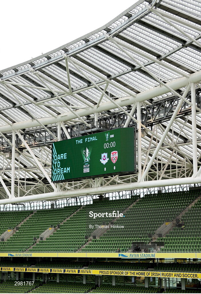 10 November 2024; A general view of a score board before the Sports Direct Men's FAI Cup Final match between Drogheda United and Derry City at the Aviva Stadium in Dublin. Photo by Thomas Flinkow/Sportsfile