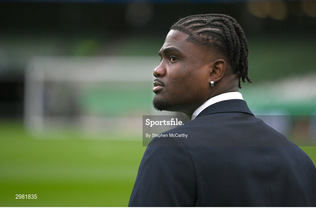 10 November 2024; Frantz Pierrot of Drogheda United walks the pitch before the Sports Direct Men's FAI Cup Final match between Drogheda United and Derry City at the Aviva Stadium in Dublin. Photo by Stephen McCarthy/Sportsfile