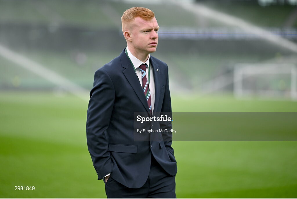 10 November 2024; Shane Farrell of Drogheda United walks the pitch before the Sports Direct Men's FAI Cup Final match between Drogheda United and Derry City at the Aviva Stadium in Dublin. Photo by Stephen McCarthy/Sportsfile
