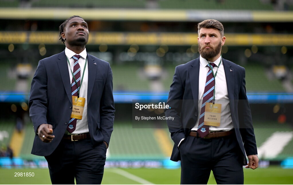 10 November 2024; Frantz Pierrot, left, and Gary Deegan of Drogheda United walk the pitch before the Sports Direct Men's FAI Cup Final match between Drogheda United and Derry City at the Aviva Stadium in Dublin. Photo by Stephen McCarthy/Sportsfile