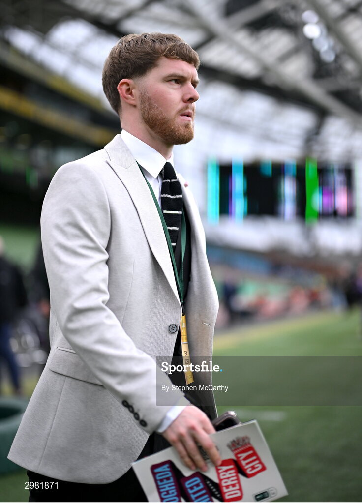 10 November 2024; Jacob Davenport of Derry City walks the pitch before the Sports Direct Men's FAI Cup Final match between Drogheda United and Derry City at the Aviva Stadium in Dublin. Photo by Stephen McCarthy/Sportsfile