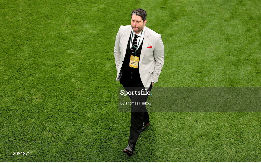 10 November 2024; Derry City manager Ruaidhrí Higgins walks the pitch before the Sports Direct Men's FAI Cup Final match between Drogheda United and Derry City at the Aviva Stadium in Dublin. Photo by Thomas Flinkow/Sportsfile