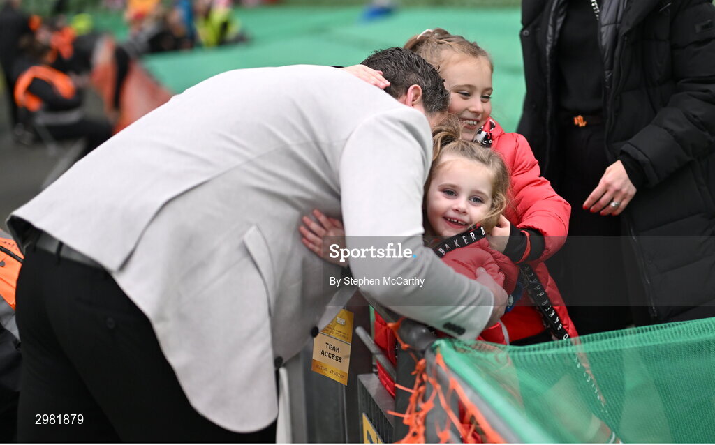 10 November 2024; Derry City manager Ruaidhrí Higgins meets his family before the Sports Direct Men's FAI Cup Final match between Drogheda United and Derry City at the Aviva Stadium in Dublin. Photo by Stephen McCarthy/Sportsfile