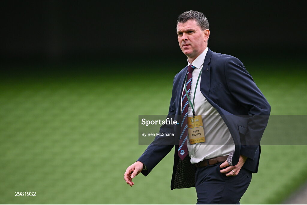 10 November 2024; Drogheda United manager Kevin Doherty walks the pitch before the Sports Direct Men's FAI Cup Final match between Drogheda United and Derry City at the Aviva Stadium in Dublin. Photo by Ben McShane/Sportsfile