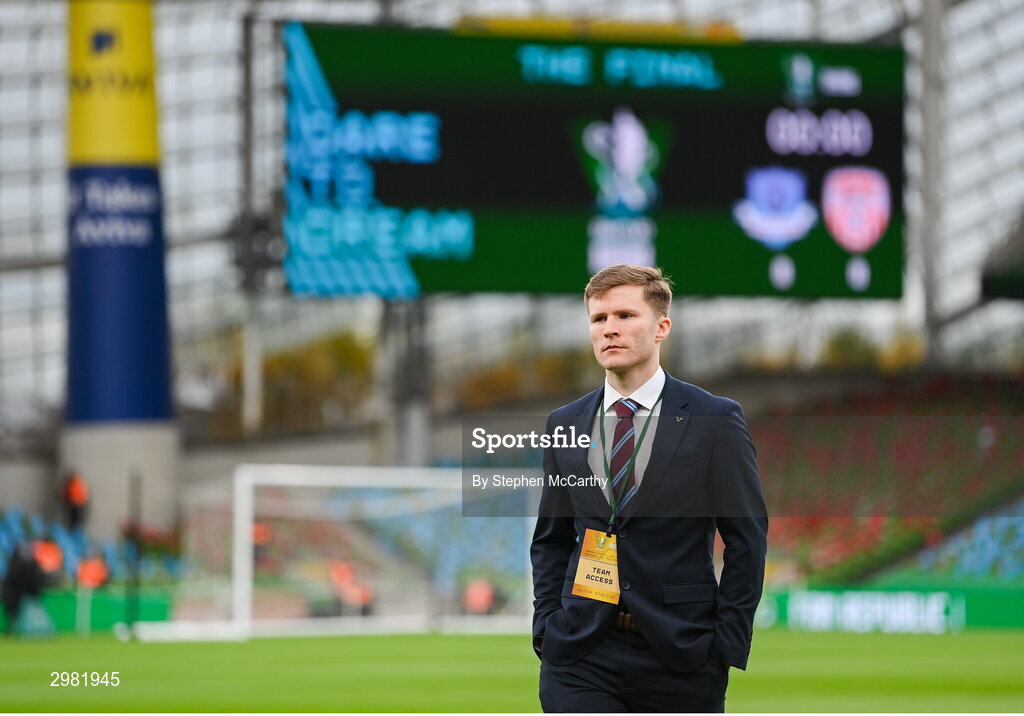 10 November 2024; Conor Kane of Drogheda United walks the pitch before the Sports Direct Men's FAI Cup Final match between Drogheda United and Derry City at the Aviva Stadium in Dublin. Photo by Stephen McCarthy/Sportsfile