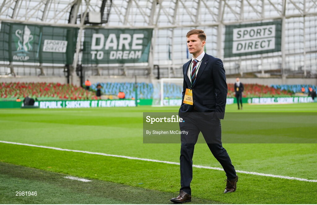 10 November 2024; Conor Kane of Drogheda United walks the pitch before the Sports Direct Men's FAI Cup Final match between Drogheda United and Derry City at the Aviva Stadium in Dublin. Photo by Stephen McCarthy/Sportsfile