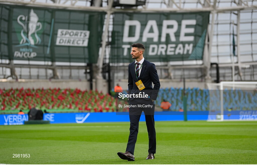 10 November 2024; Adam Foley of Drogheda United walk the pitch before the Sports Direct Men's FAI Cup Final match between Drogheda United and Derry City at the Aviva Stadium in Dublin. Photo by Stephen McCarthy/Sportsfile