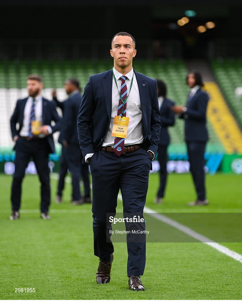 10 November 2024; Douglas James-Taylor of Drogheda United walks the pitch before the Sports Direct Men's FAI Cup Final match between Drogheda United and Derry City at the Aviva Stadium in Dublin. Photo by Stephen McCarthy/Sportsfile