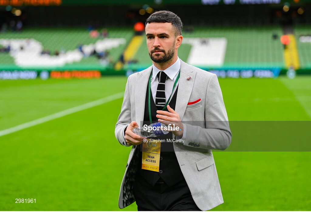 10 November 2024; Michael Duffy of Derry City walks the pitch before the Sports Direct Men's FAI Cup Final match between Drogheda United and Derry City at the Aviva Stadium in Dublin. Photo by Stephen McCarthy/Sportsfile