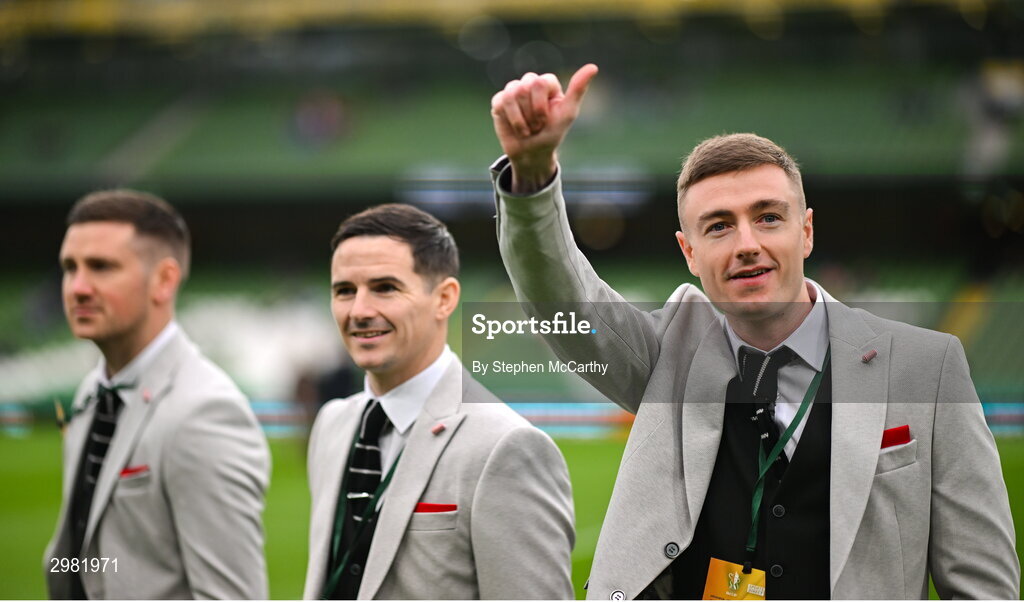 10 November 2024; Derry City players, from right, Daniel Kelly, Ciarán Coll and Patrick McEleney walk the pitch before the Sports Direct Men's FAI Cup Final match between Drogheda United and Derry City at the Aviva Stadium in Dublin. Photo by Stephen McCarthy/Sportsfile