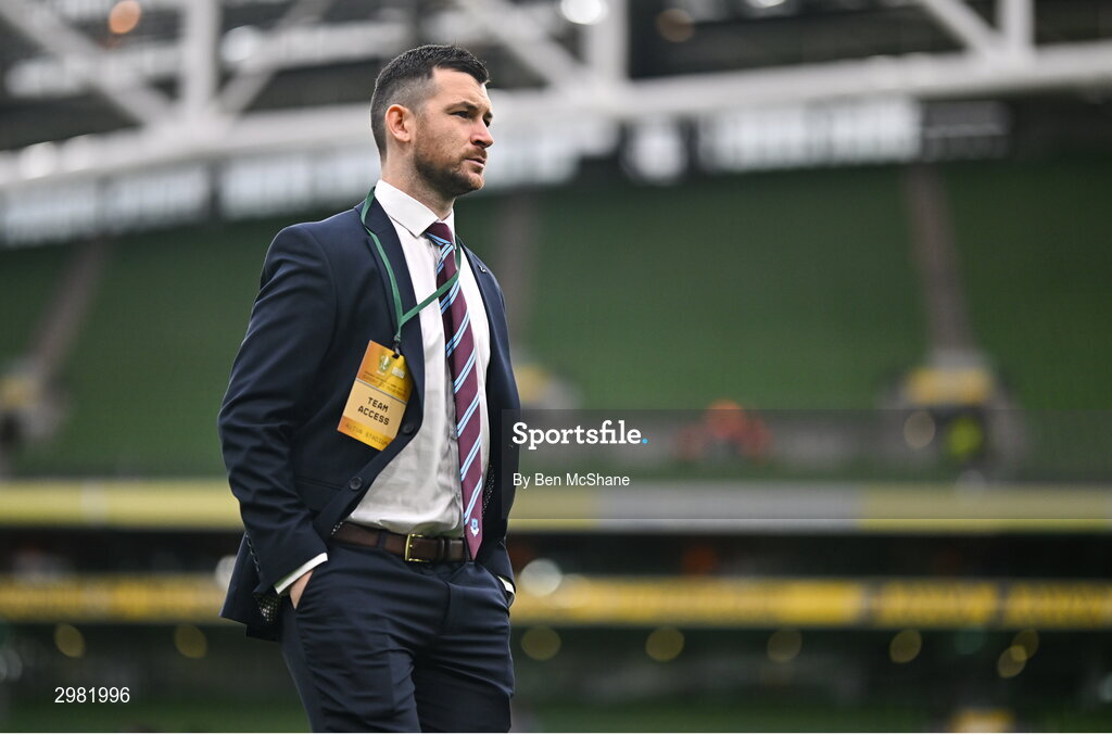 10 November 2024; Ryan Brennan of Drogheda United walks the pitch before the Sports Direct Men's FAI Cup Final match between Drogheda United and Derry City at the Aviva Stadium in Dublin. Photo by Ben McShane/Sportsfile
