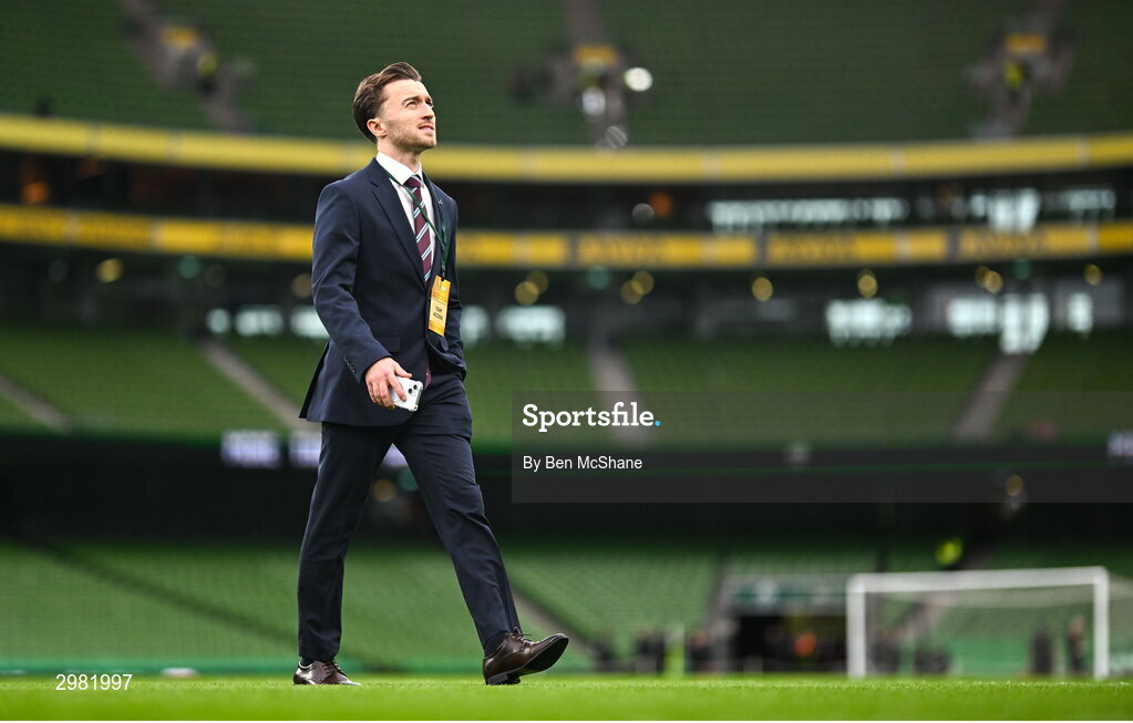 10 November 2024; Darragh Markey of Drogheda United walks the pitch before the Sports Direct Men's FAI Cup Final match between Drogheda United and Derry City at the Aviva Stadium in Dublin. Photo by Ben McShane/Sportsfile
