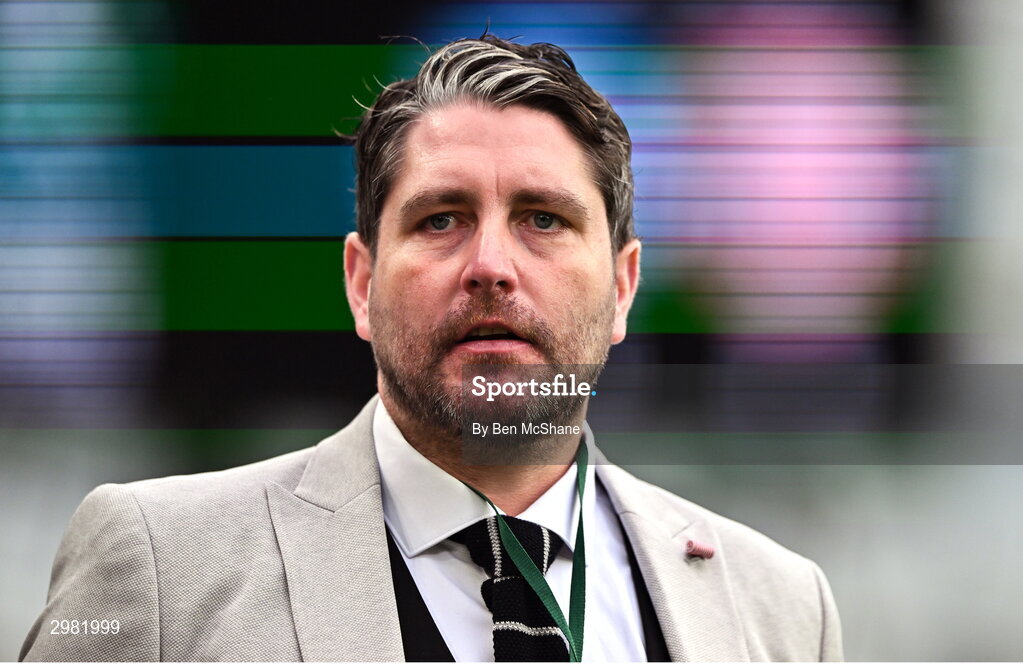 10 November 2024; Derry City manager Ruaidhrí Higgins walks the pitch before the Sports Direct Men's FAI Cup Final match between Drogheda United and Derry City at the Aviva Stadium in Dublin. Photo by Ben McShane/Sportsfile