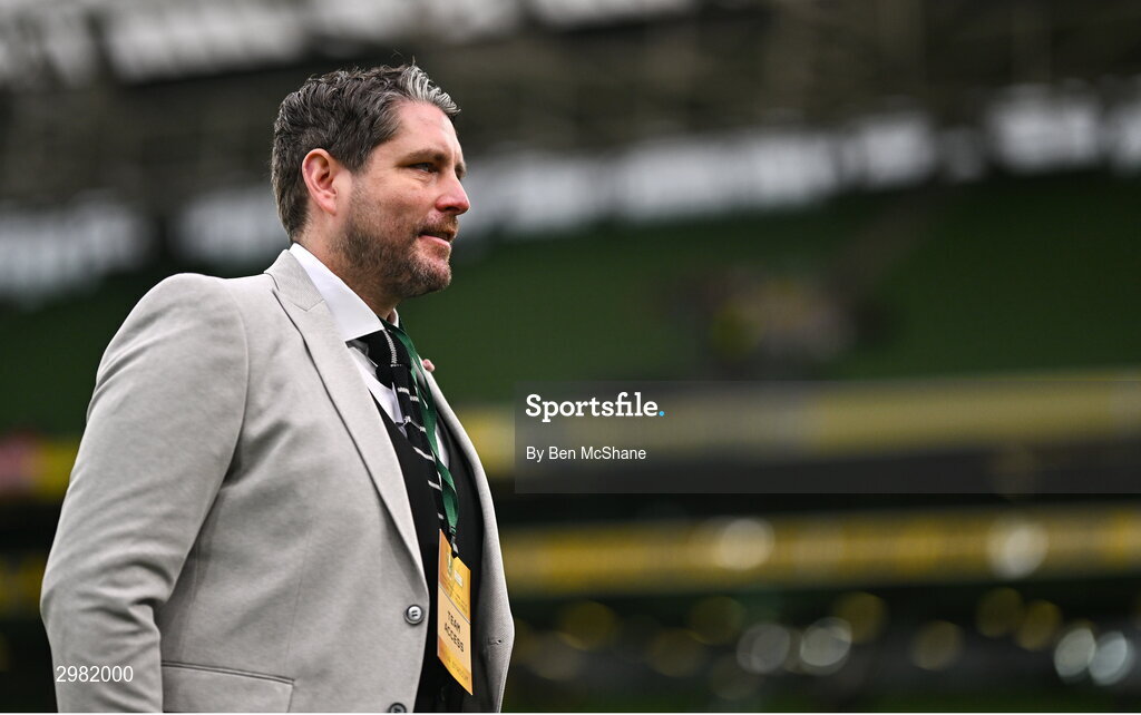 10 November 2024; Derry City manager Ruaidhrí Higgins walks the pitch before the Sports Direct Men's FAI Cup Final match between Drogheda United and Derry City at the Aviva Stadium in Dublin. Photo by Ben McShane/Sportsfile